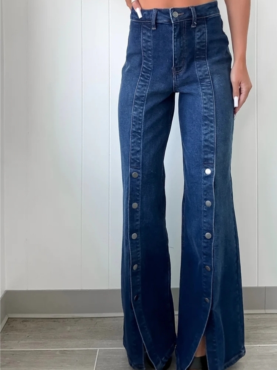Cello Denim - Dark Blue High-Waist Snap-Front Wide Leg Jeans - Women